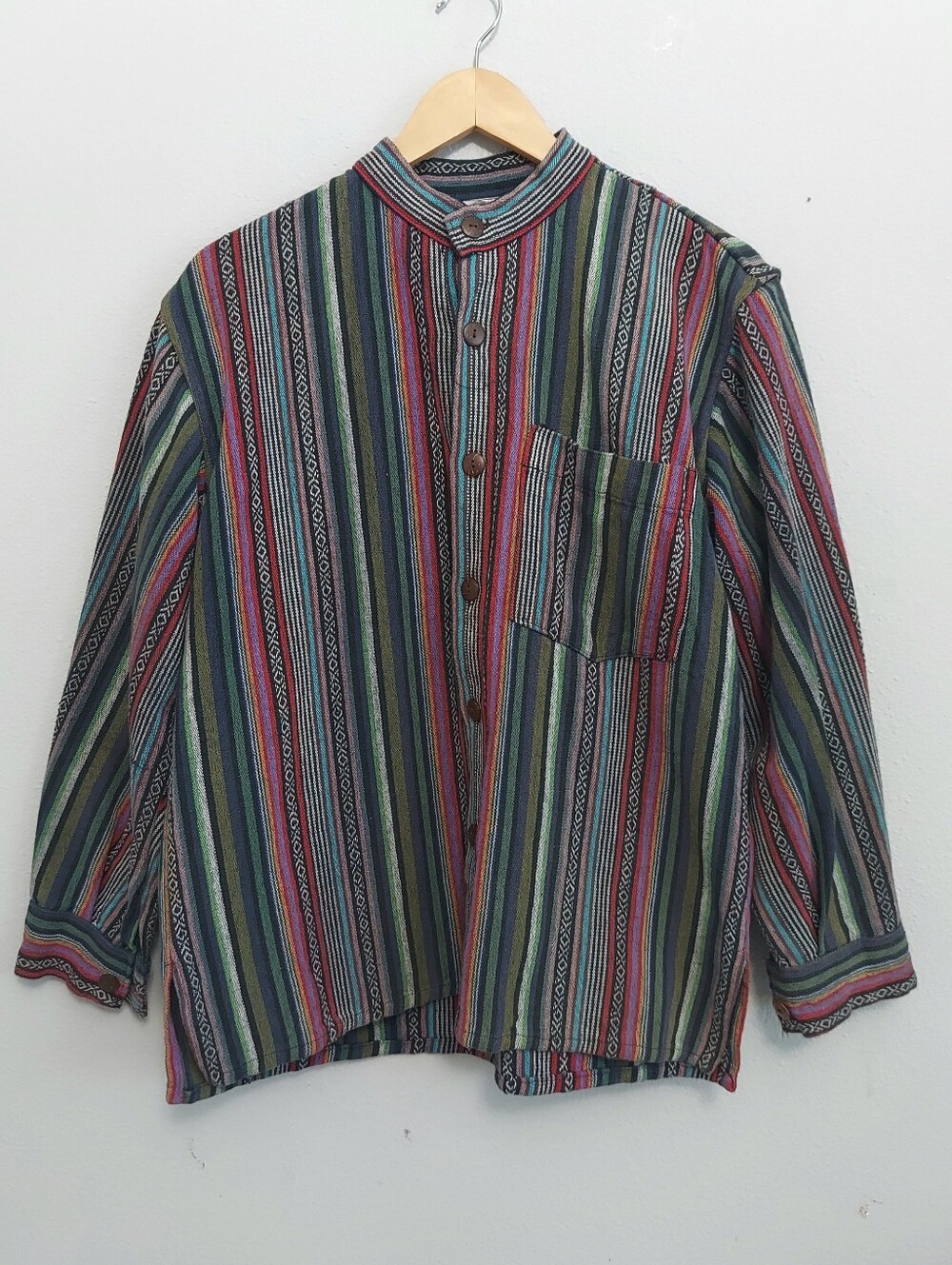 Ganesh Himal Striped Heavy Blanket Weave Button Down Shirt Men Medium Bohemian